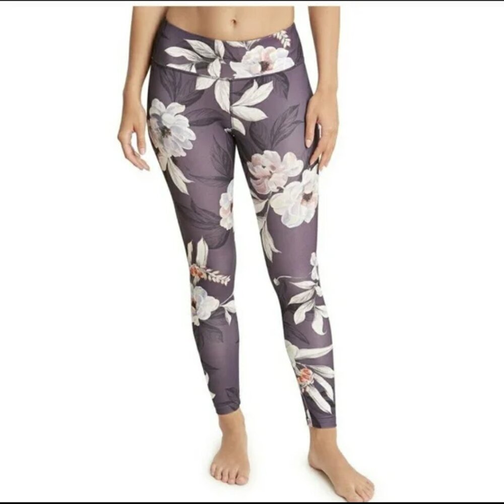 Jockey Stretch Jersey Leggings – Plum Floral – Size Large – Moisture Wicking